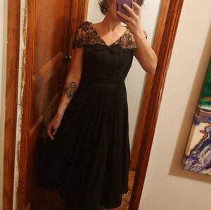 1930s/1940s Vintage Black and Satin Pink Lace Formal Dress